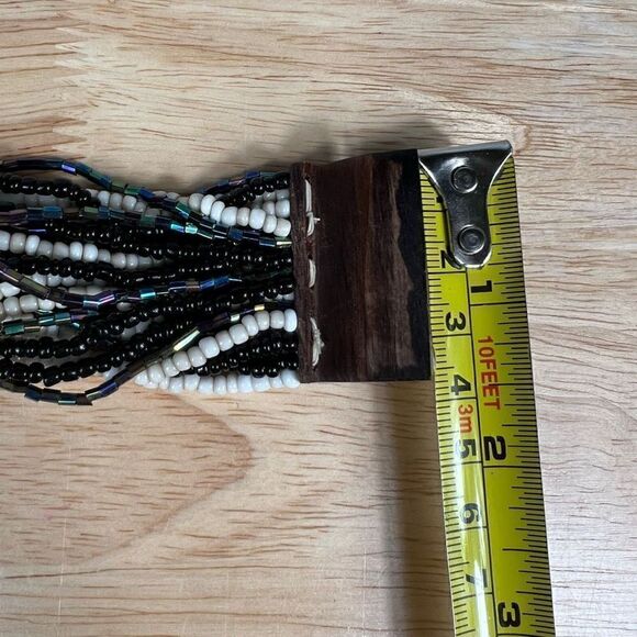 Multi Strand Seed Bead Bracelet, Vintage Wooden Hook Closure - Black, Oil Spill - Picture 7 of 9